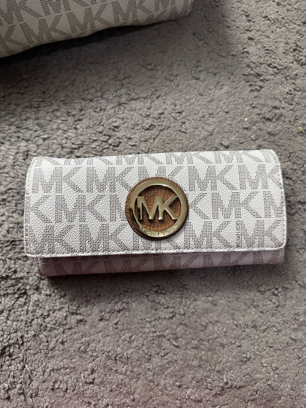 Michael Kors White MK Logo Continental Wallet with Gold Emblem